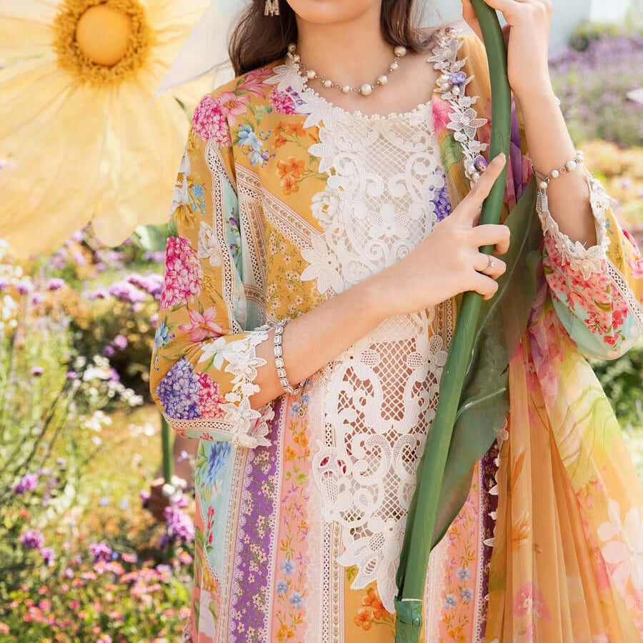 Luxury Multi Floral Embroidered Lawn 3 Piece Unstitched Suit with Chiffon Dupatta – Summer Collection