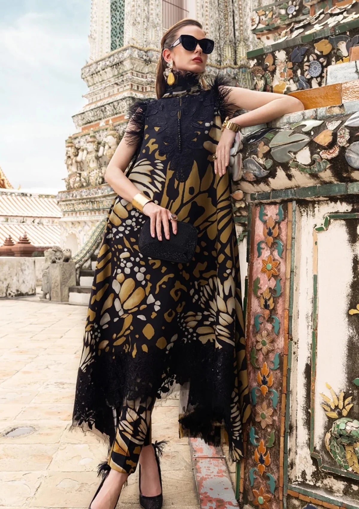 Maria B Printed Embroidered Lawn 3PC Unstitched Suit with Chiffon Dupatta – Black & Mustard