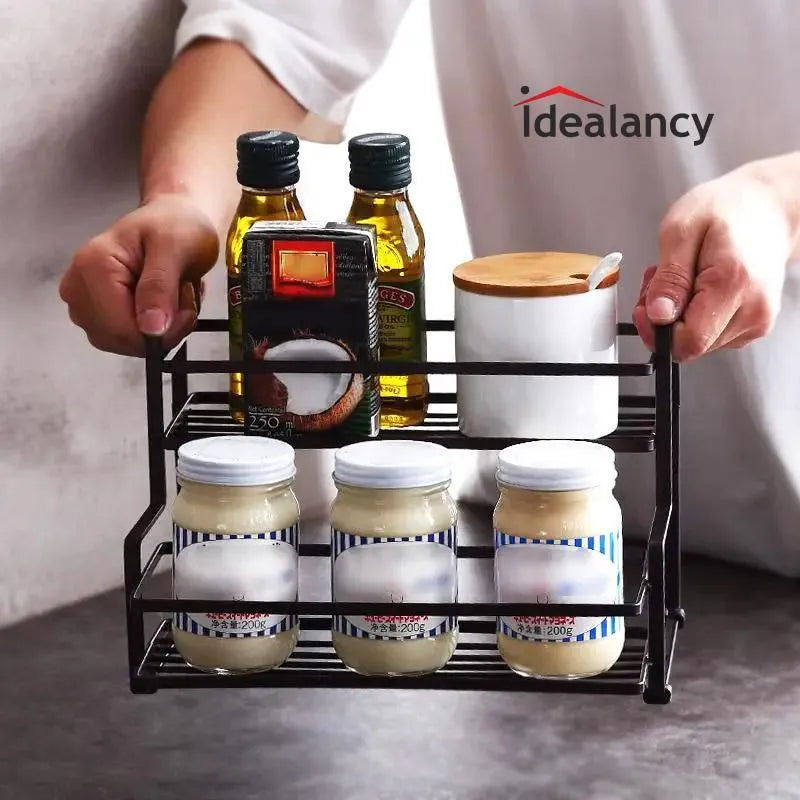 Two Tier Black Metal Spice Rack for Kitchen