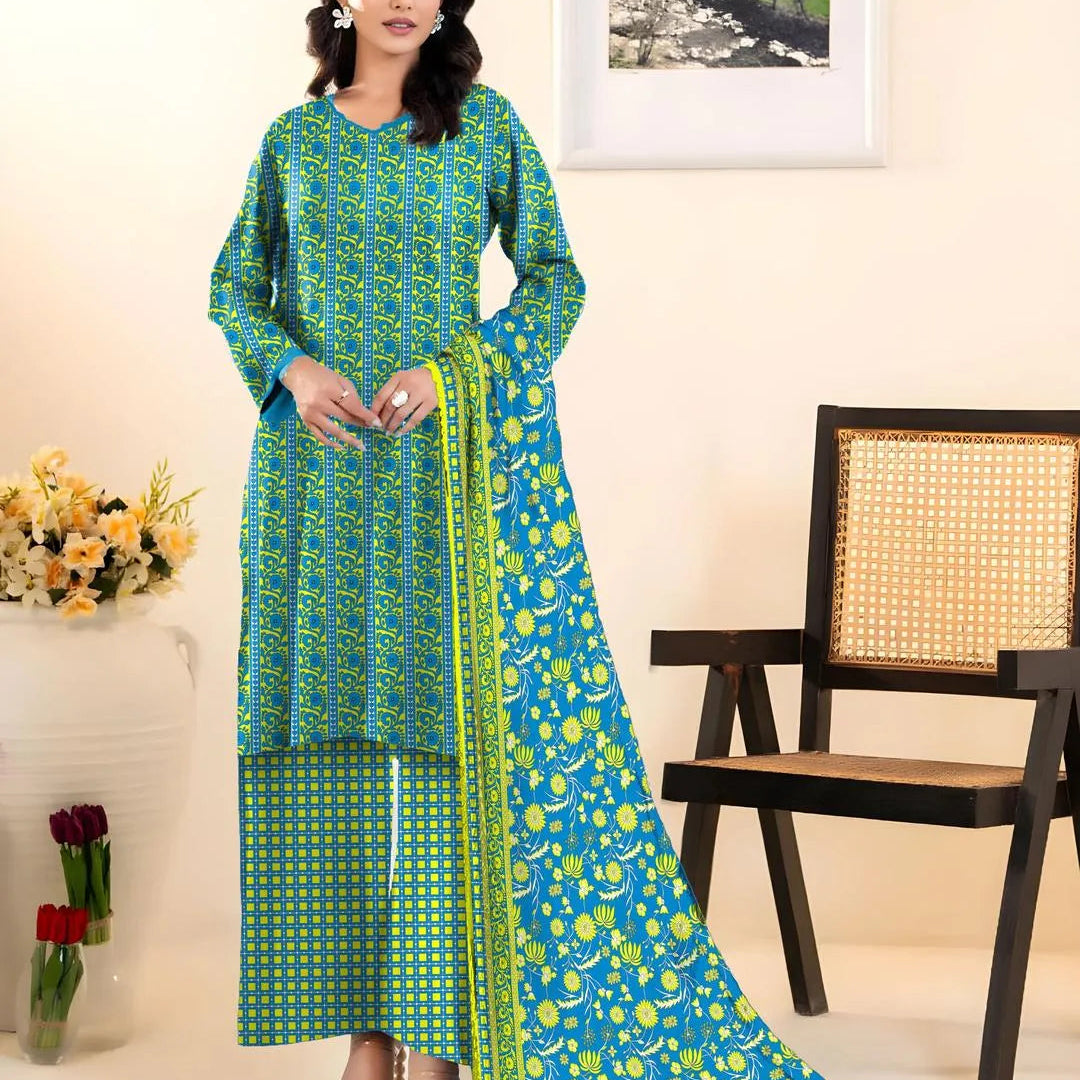 Green Printed Lawn Suit with Blue Dupatta for Women