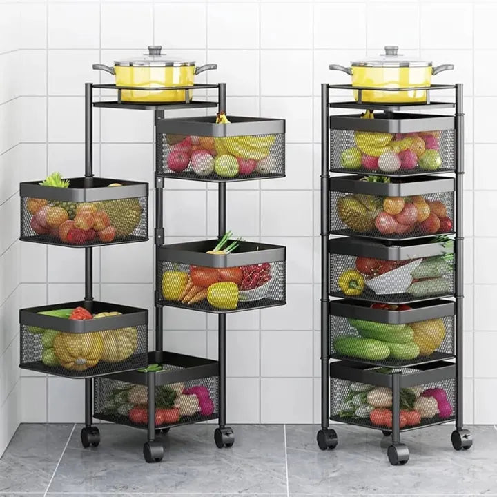 5 Tier Square Vegetable & Fruit Organizer Basket 360-Degree Rotating Moveable Rack for Kitchen Storage Baskets