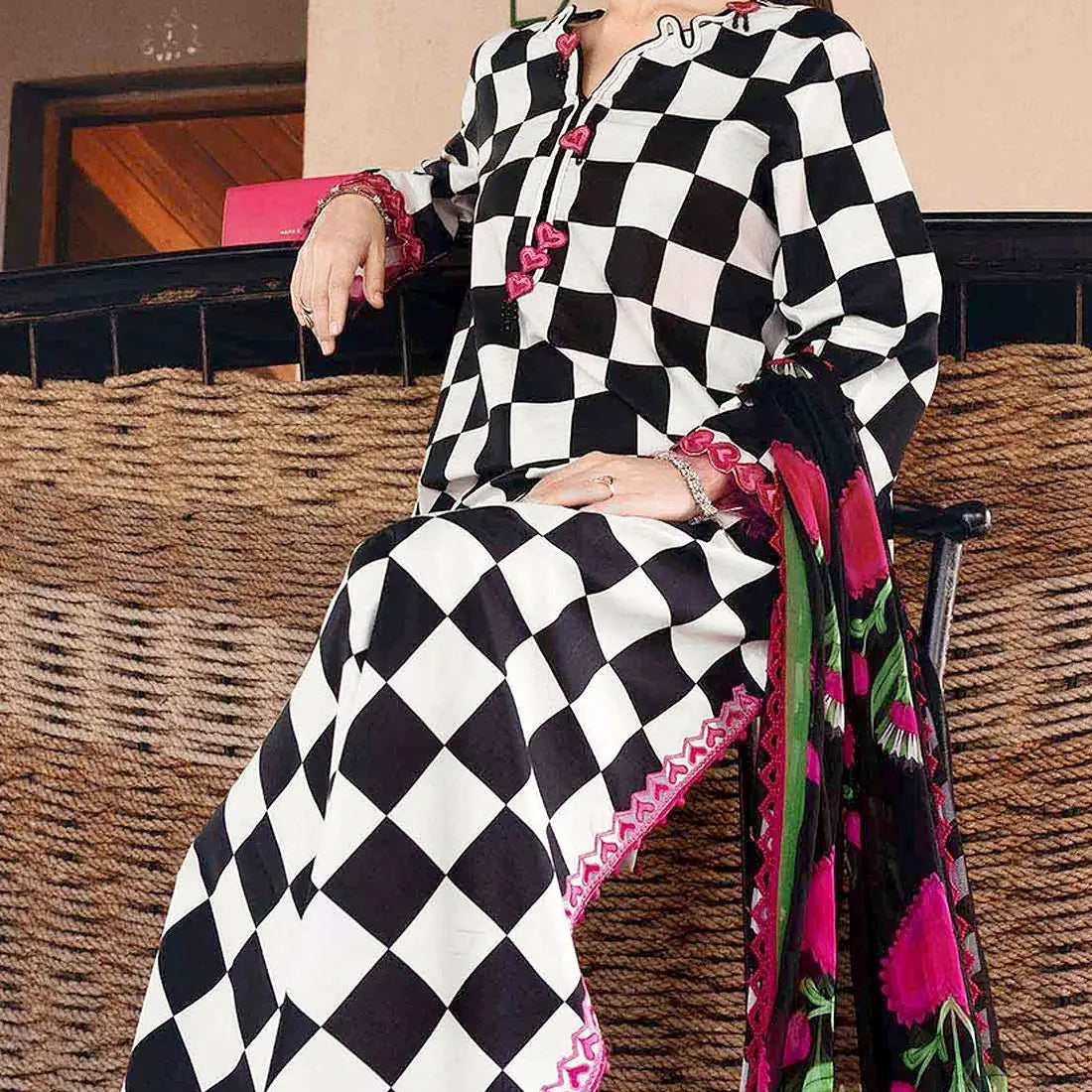 Elegant All-Over Checkerboard Print Embroidered Lawn 3Pc Unstitched Dress with Chiffon Dupatta – Summer Collection 2026