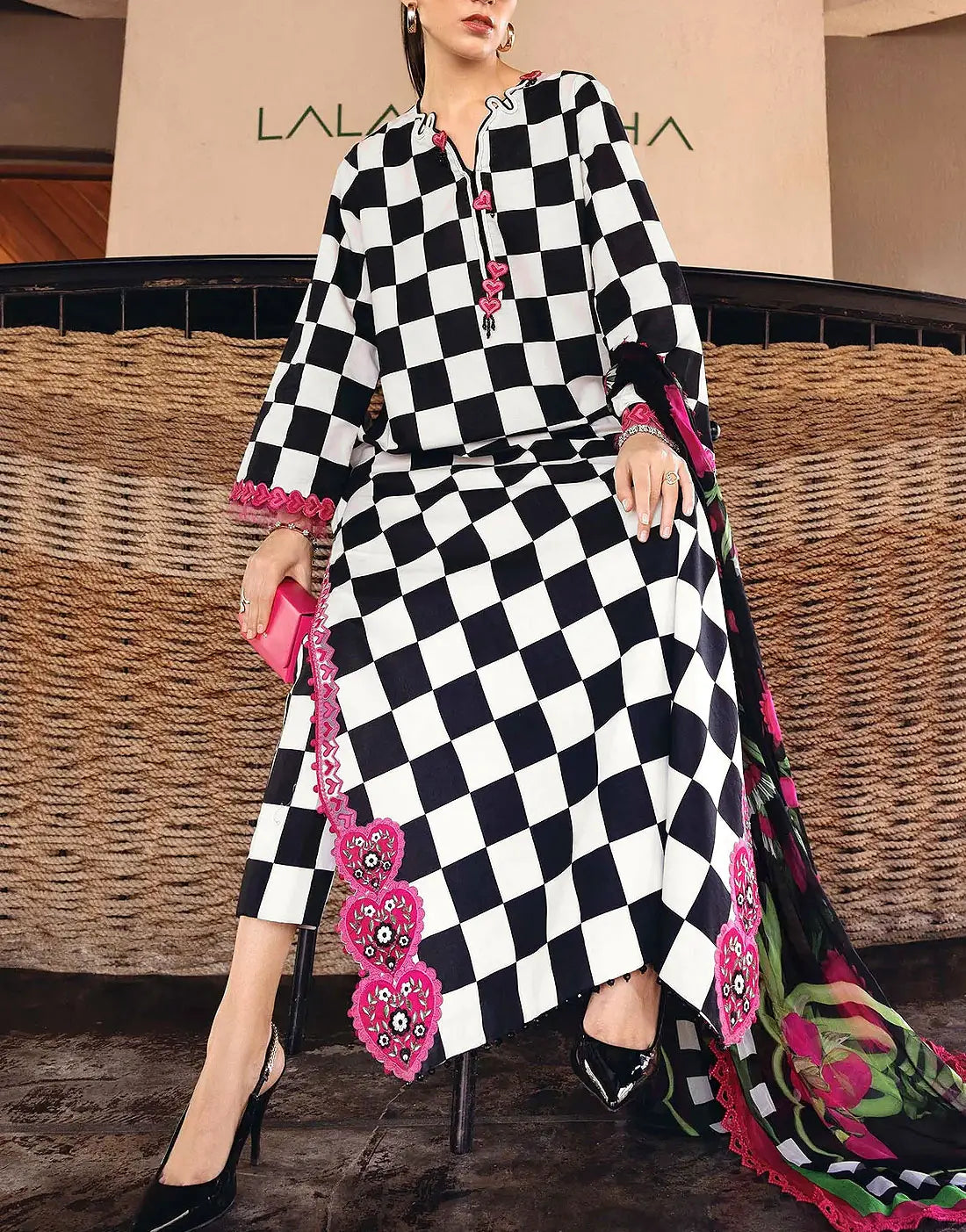 Elegant All-Over Checkerboard Print Embroidered Lawn 3Pc Unstitched Dress with Chiffon Dupatta – Summer Collection 2026