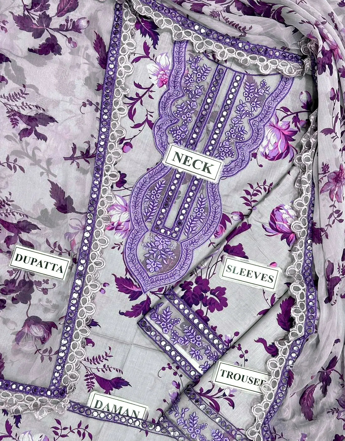 Aneela’s Luxury 9mm Sequins Embroidered Lawn 3 Piece Unstitched Dress with 4-Side Embroidered Chiffon Dupatta