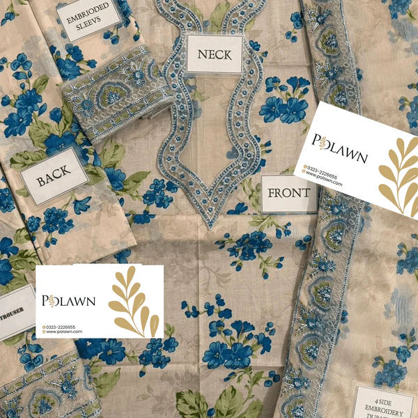Elegant All-Over Print Embroidered Lawn 3 Piece Unstitched EID Dress with Embroidered Chiffon Dupatta