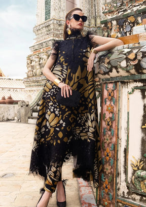 Maria B Printed Embroidered Lawn 3PC Unstitched Suit with Chiffon Dupatta – Black & Mustard