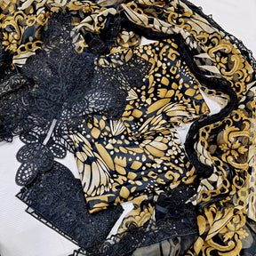 Maria B Printed Embroidered Lawn 3PC Unstitched Suit with Chiffon Dupatta – Black & Mustard