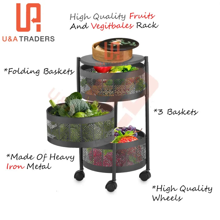 3 Tier Round Basket 360-Degree Rotating Moveable Vegetable & Fruit Organizer Rack for Kitchen Storage Baskets