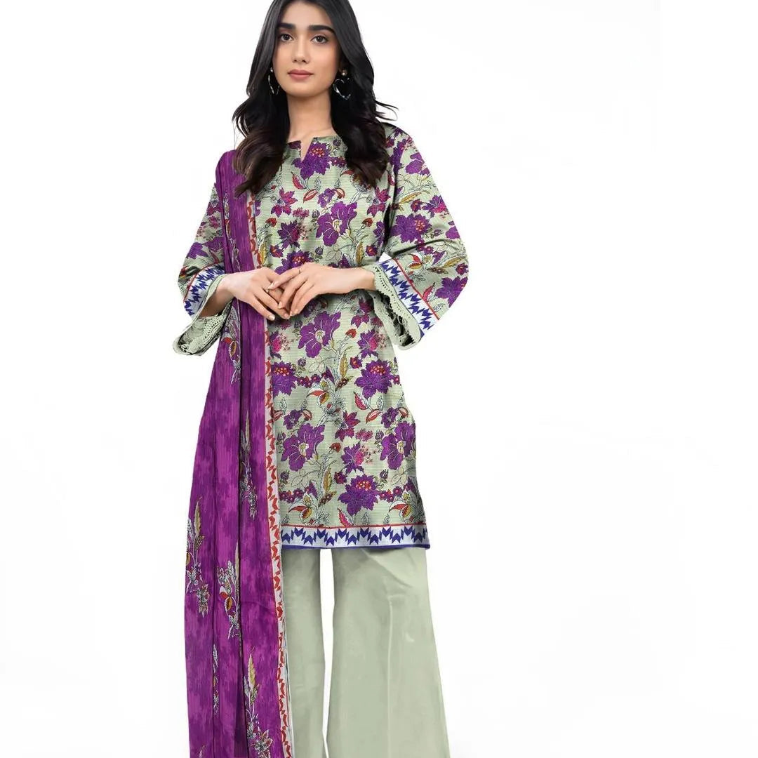 Women Unstitched Printed Suit Green Purple Dobby Lawn 3Pcs