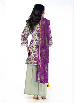 Women Unstitched Printed Suit Green Purple Dobby Lawn 3Pcs