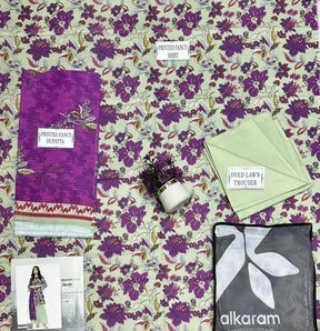 Women Unstitched Printed Suit Green Purple Dobby Lawn 3Pcs