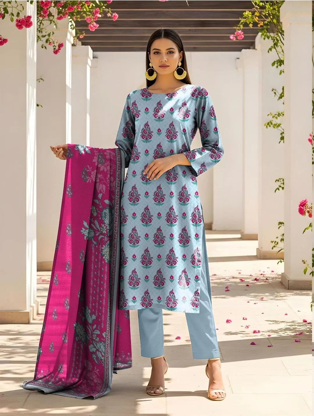 Pakistani Printed Lawn Suit with Embroidered Shawl