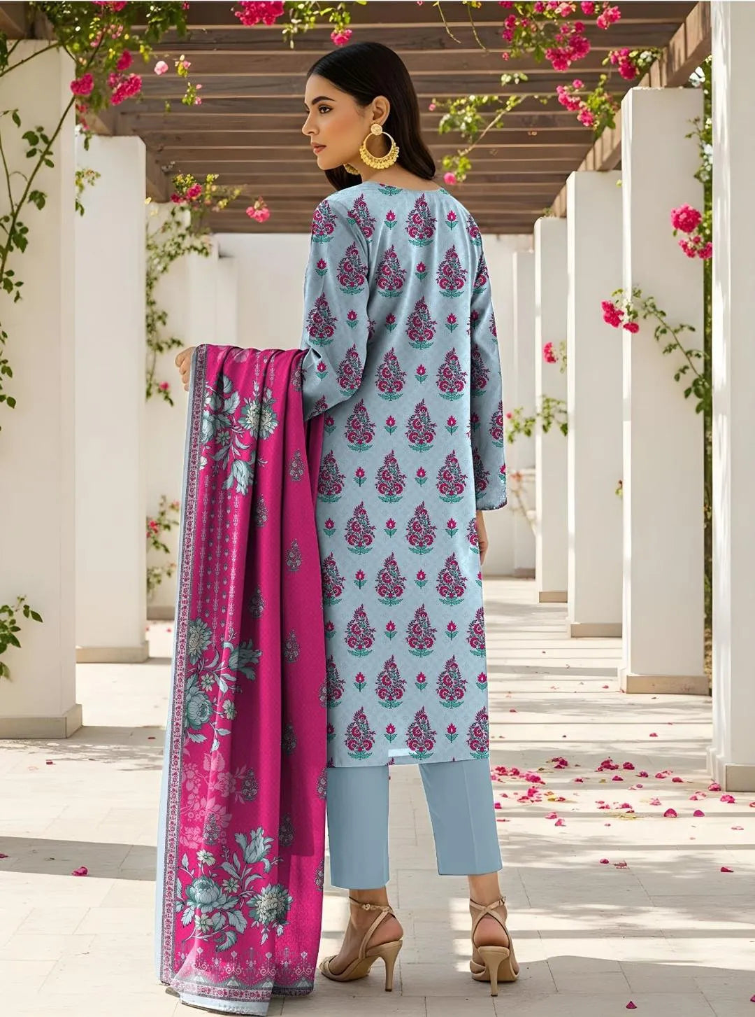 Pakistani Printed Lawn Suit with Embroidered Shawl