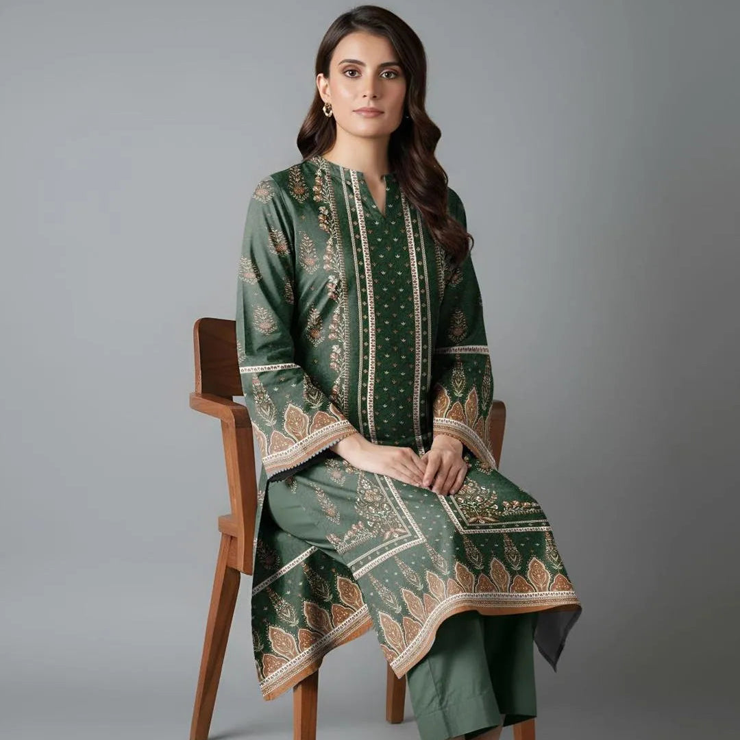 Green Printed Dobby Lawn 3Pcs Shirt Dupatta Set