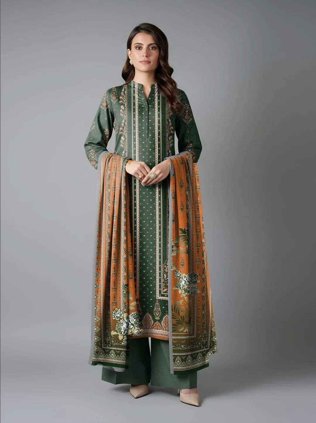 Green Printed Dobby Lawn 3Pcs Shirt Dupatta Set