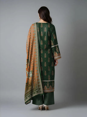 Green Printed Dobby Lawn 3Pcs Shirt Dupatta Set