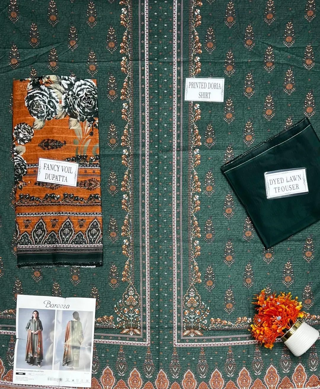 Green Printed Dobby Lawn 3Pcs Shirt Dupatta Set