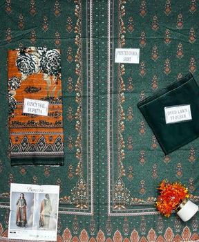 Green Printed Dobby Lawn 3Pcs Shirt Dupatta Set