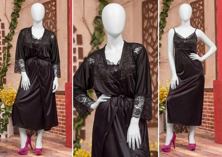3 Pcs Luxury Silk Nightwear Set with Lace Trim – Satin Sleepwear for Women Free Size