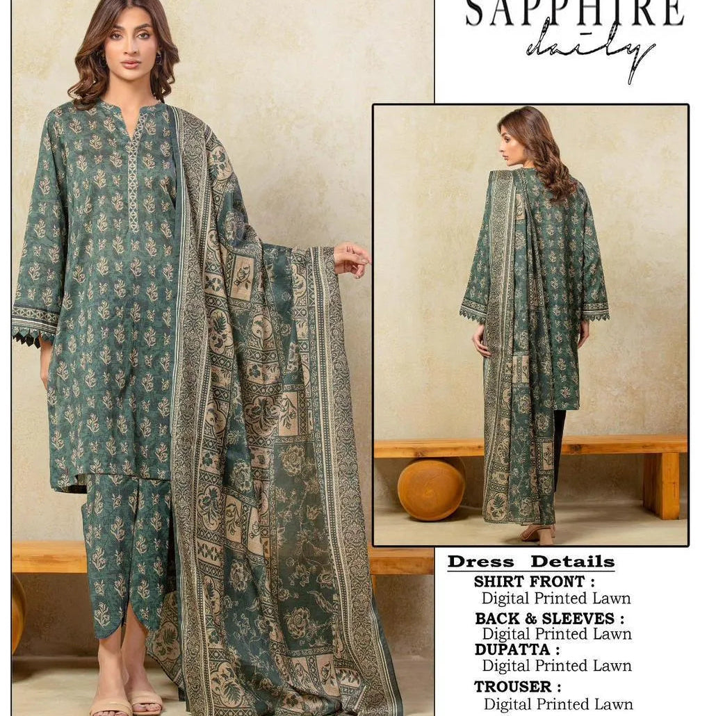 Unstitched Printed Lawn Suit Green Digital Print