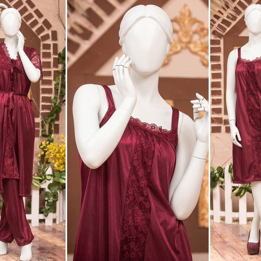 3 Pcs Luxury Silk Nightwear Set with Lace Trim – Satin Sleepwear for Women Free Size