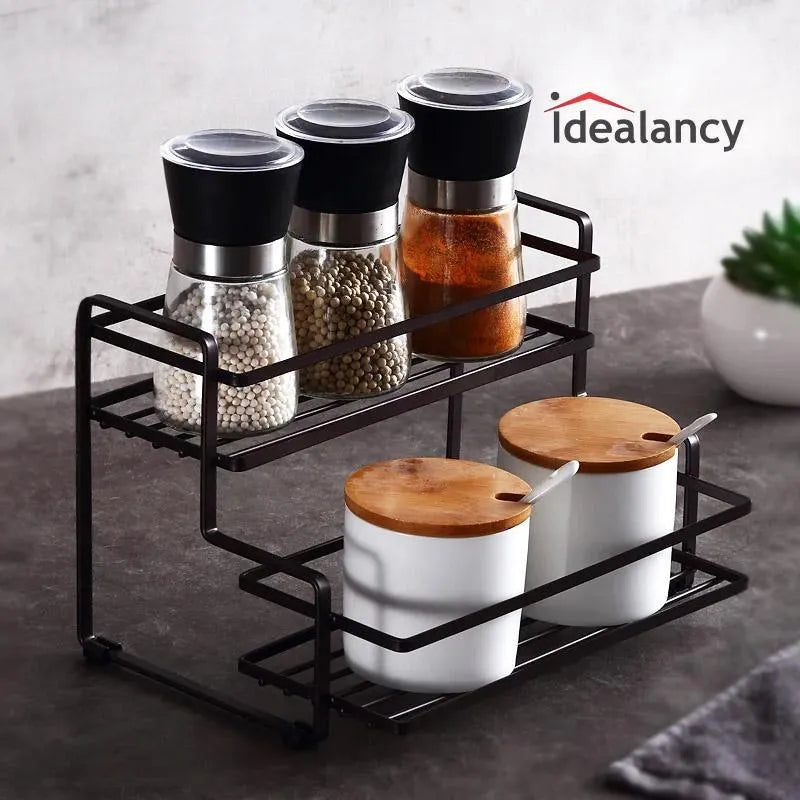 Two Tier Black Metal Spice Rack for Kitchen