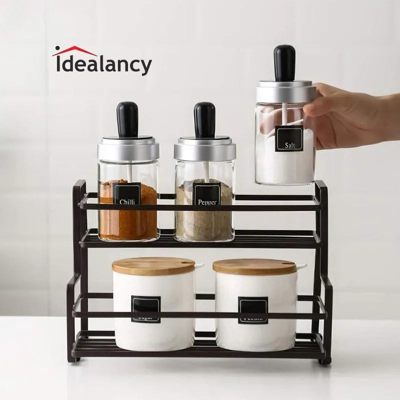 Two Tier Black Metal Spice Rack for Kitchen