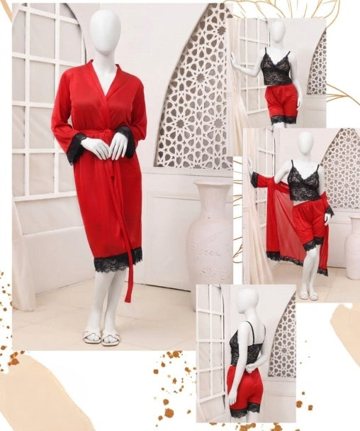 3 Pcs Luxury Silk Nightwear Set with Lace Trim – Satin Sleepwear for Women Free Size