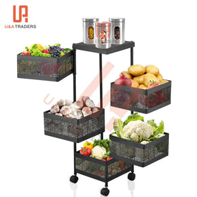 5 Tier Square Vegetable & Fruit Organizer Basket 360-Degree Rotating Moveable Rack for Kitchen Storage Baskets