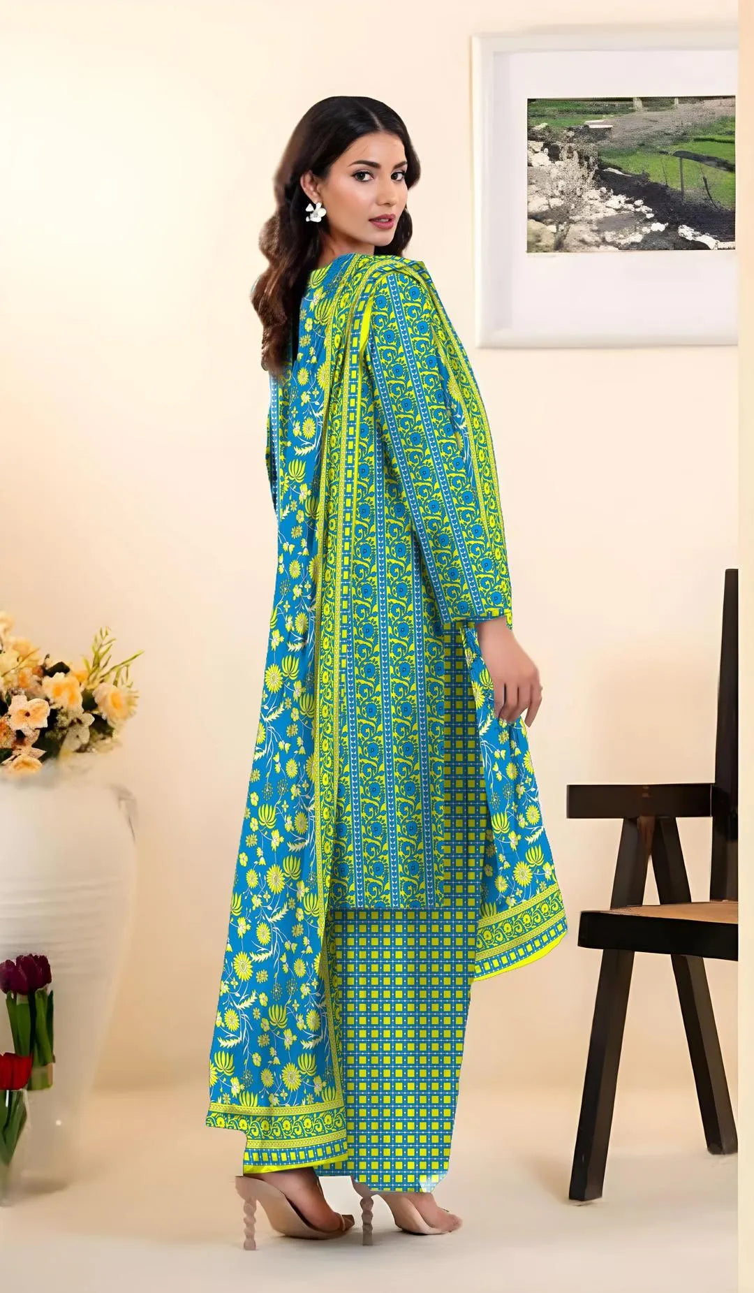 Green Printed Lawn Suit with Blue Dupatta for Women