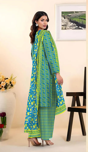 Green Printed Lawn Suit with Blue Dupatta for Women