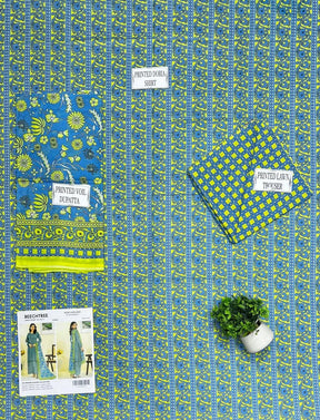 Green Printed Lawn Suit with Blue Dupatta for Women