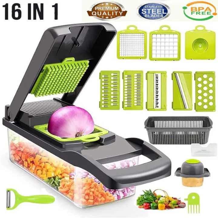 16 in 1 Multi-functional vegetable chopper slicer shredder with Basket Cheese Slicer Food Chopper , Veggie Chopper ,