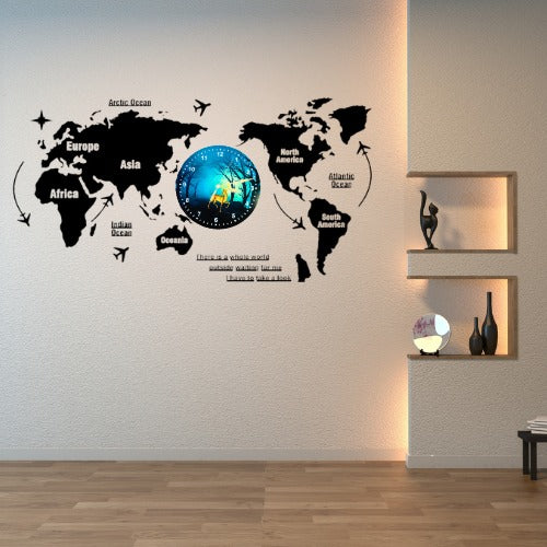 3D Wooden World Map With Esthetic Dial Wall Clock  | Best Quality Wall Clock For Home Decor | Home Decor Clock 40 inch - With Light