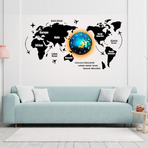 3D Wooden World Map With Esthetic Dial Wall Clock  | Best Quality Wall Clock For Home Decor | Home Decor Clock 40 inch - With Light