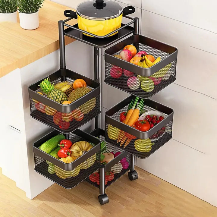 5 Tier Square Vegetable & Fruit Organizer Basket 360-Degree Rotating Moveable Rack for Kitchen Storage Baskets