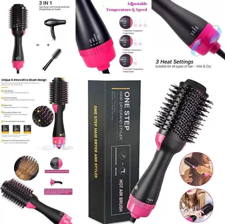 one step, hot air brush, 3 in 1, dryer, straightner, comb, straightener brush, hair dryer, 1 step 3in1, jerry traders.